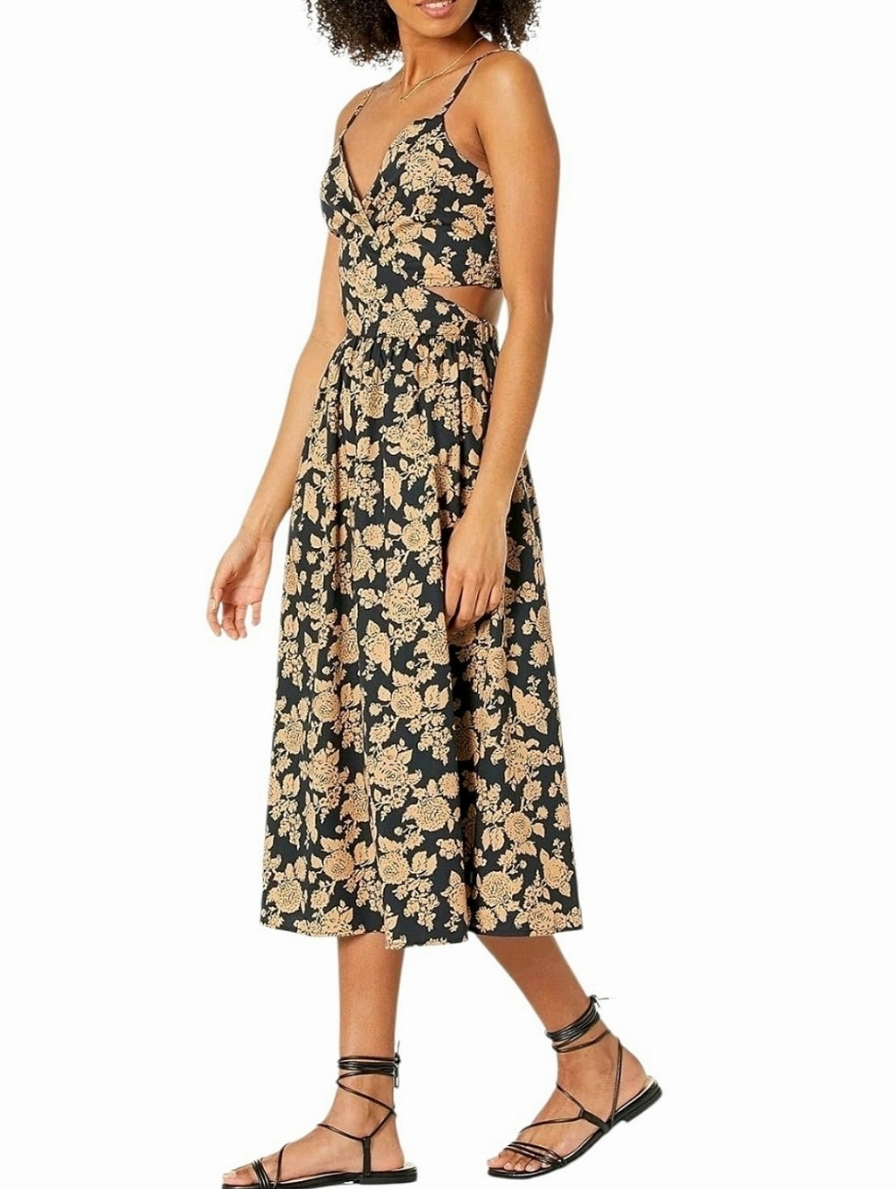 NEW The Drop Makenna Cotton Midi Dress Cutout Strappy Sz Lg Black Gold Floral